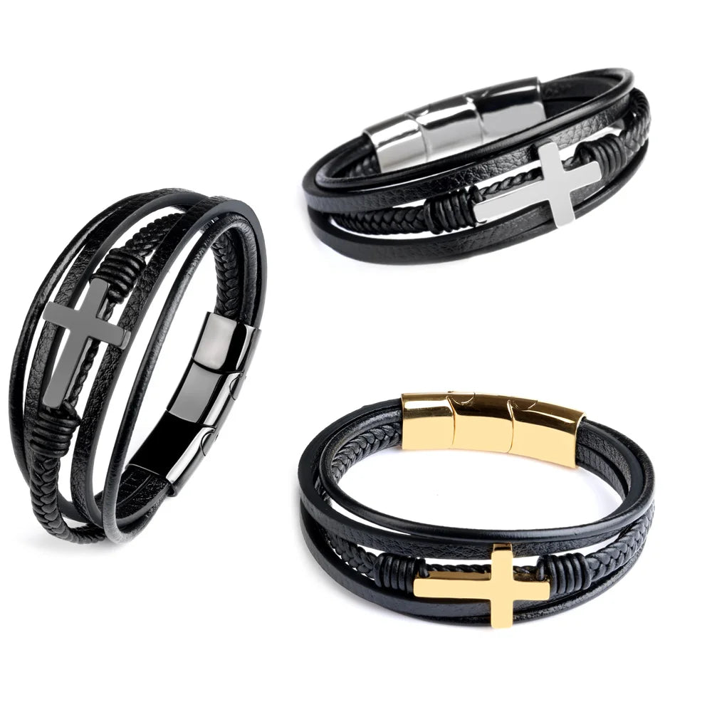 Stainless Steel Gold Plated Cross Bracelet Genuine Leather Removable Clasps Men Gift Bangle