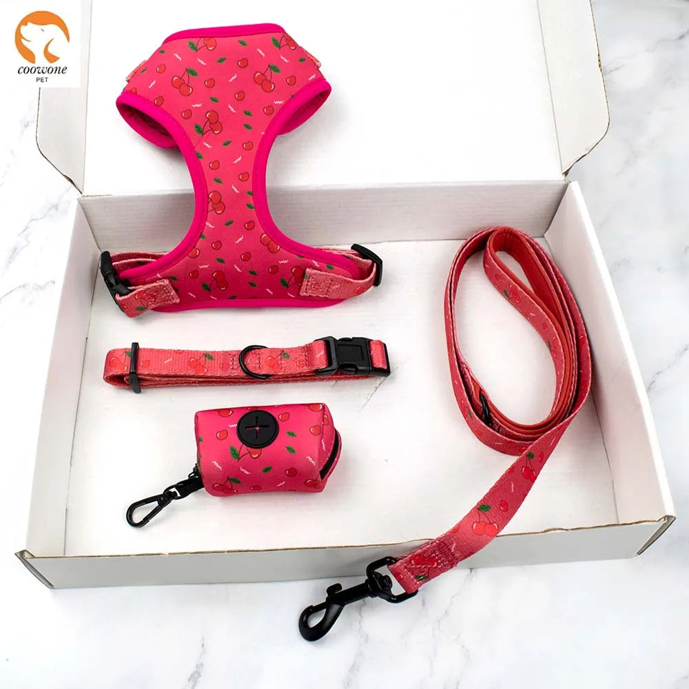 Luxury Designer Custom Print Logo Personalized No Pull Polyester Neoprene Dog Harness Leash Lead Collar Set
