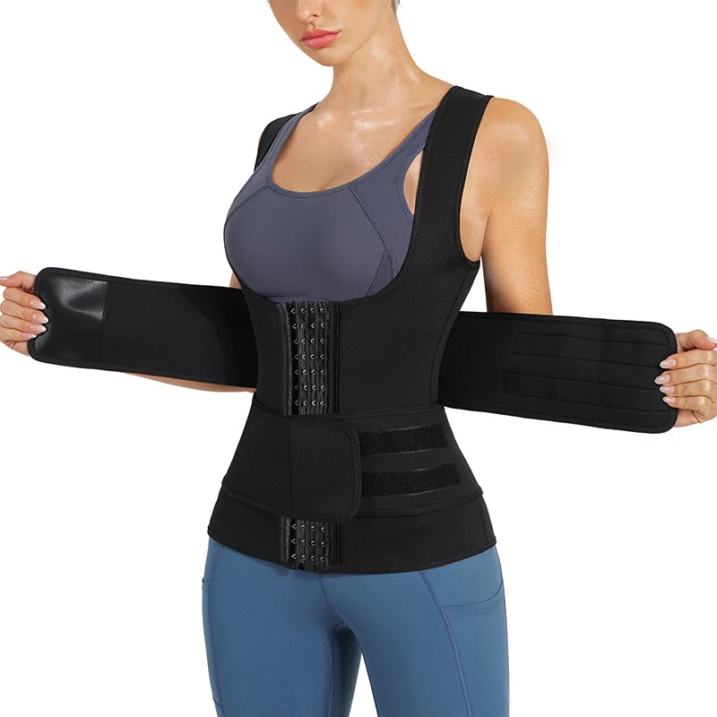 Women Neoprene Slimming Body Shapewear Corset Vest Shirt Double Belt Tummy Control Waist Trainer Vest