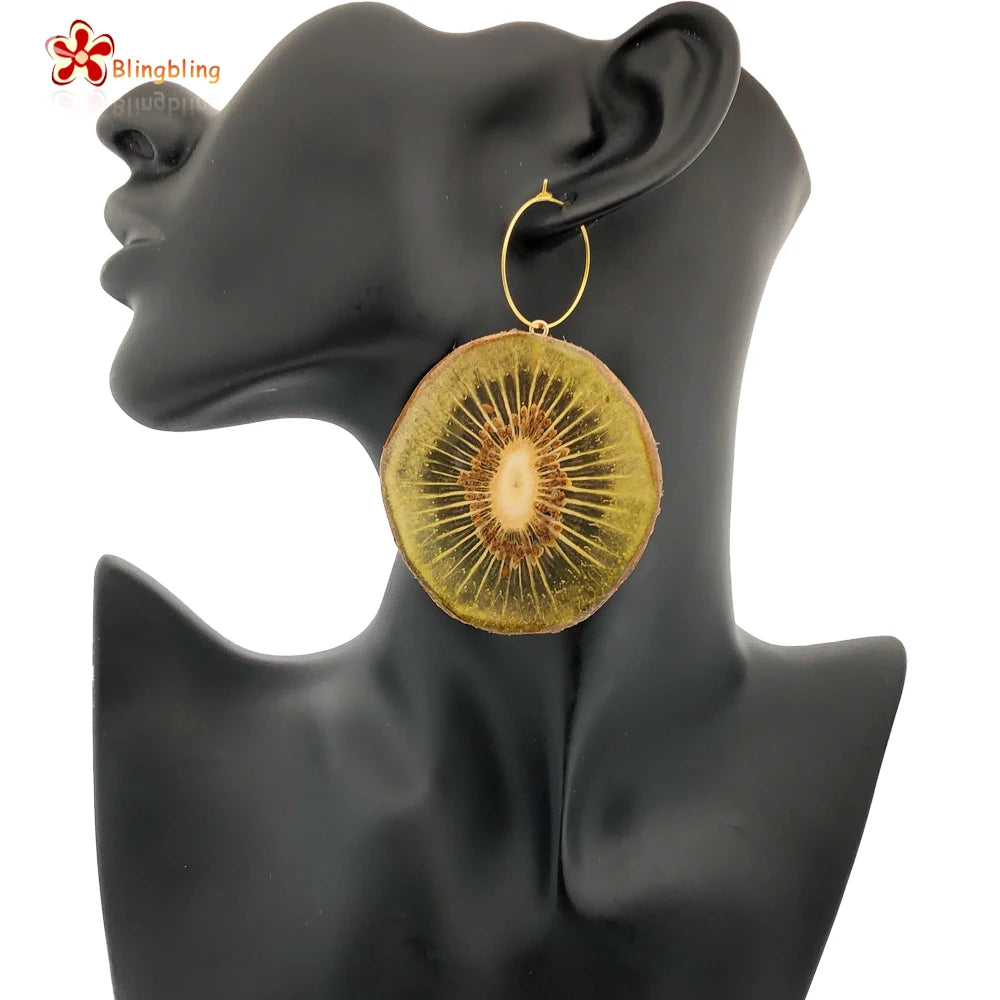 Women Unique Design Fruit Earrings Food Dangle Real Kiwi in Resin Charms Earrings Jewelry