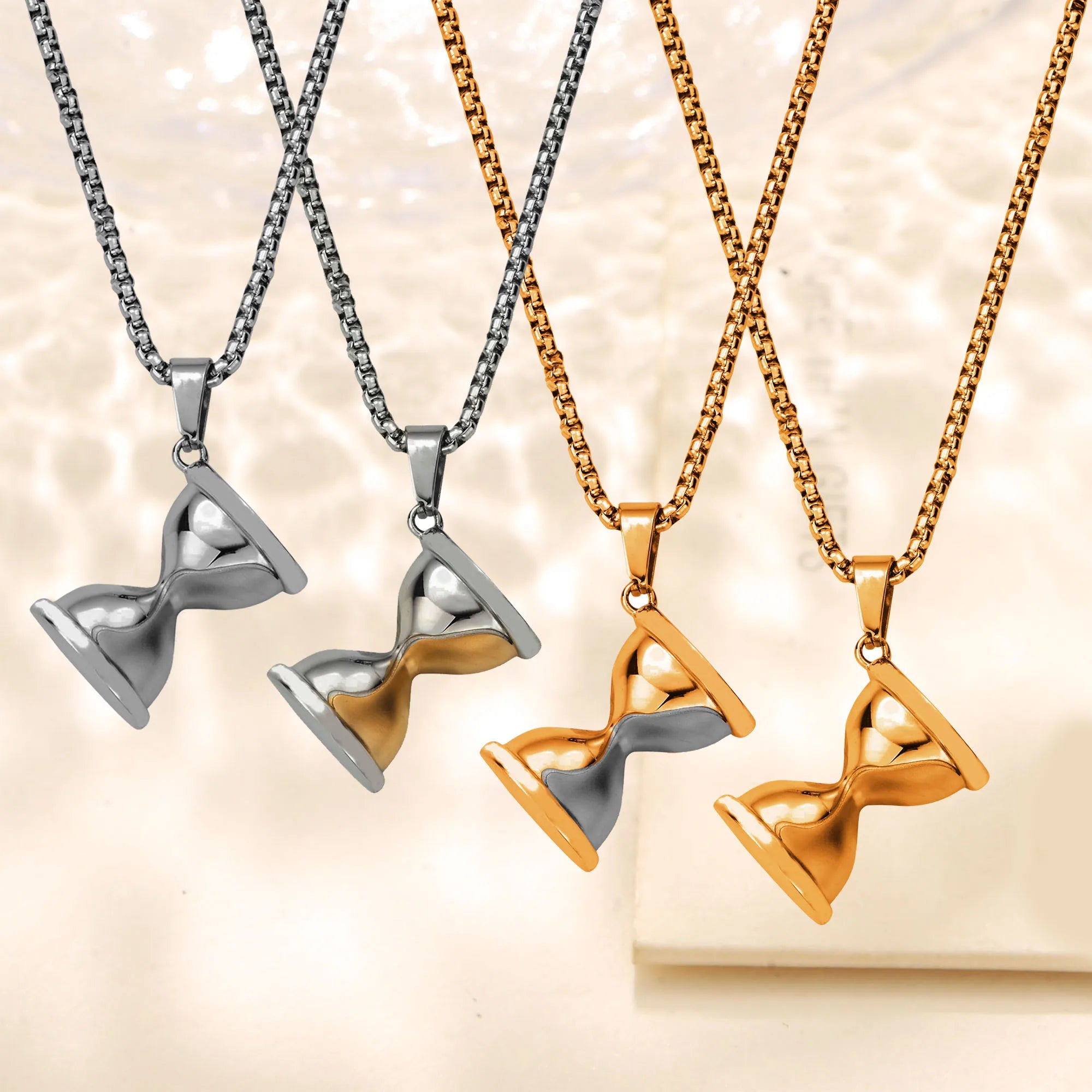 Vintage Men's Stainless Steel Hourglass Pendant Necklace 18k Gold Plated Non Tarnish Jewelry Two Tone Sandglass Necklace