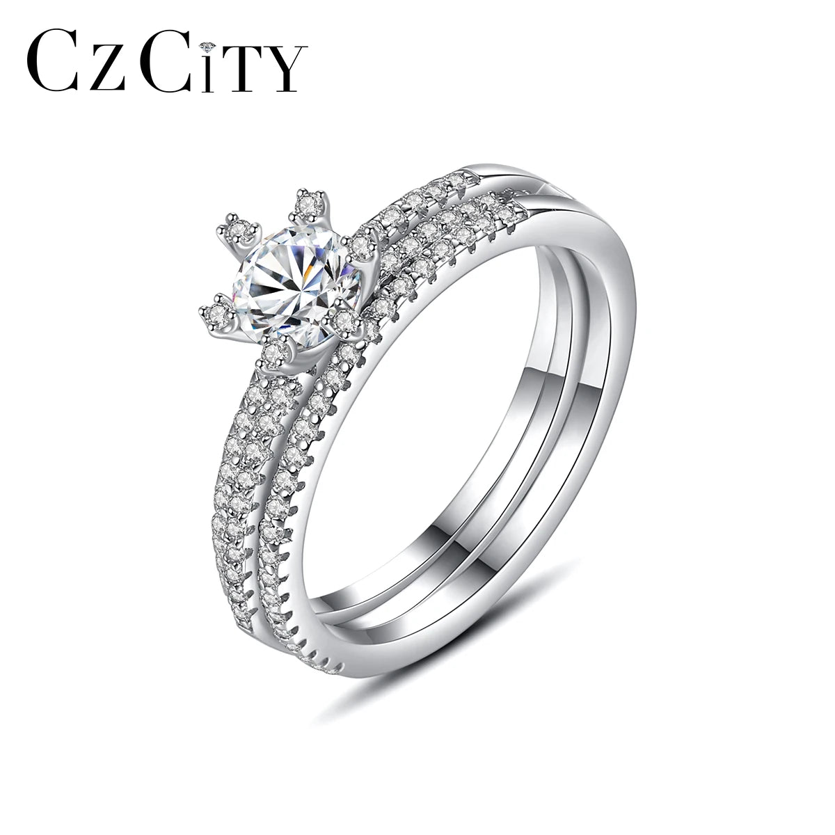 CZCITY Brand New Bridal 925 Sterling Silver Finger Rings Woman Jewelry Moissanite Gold Luxury Fashion Ring Set