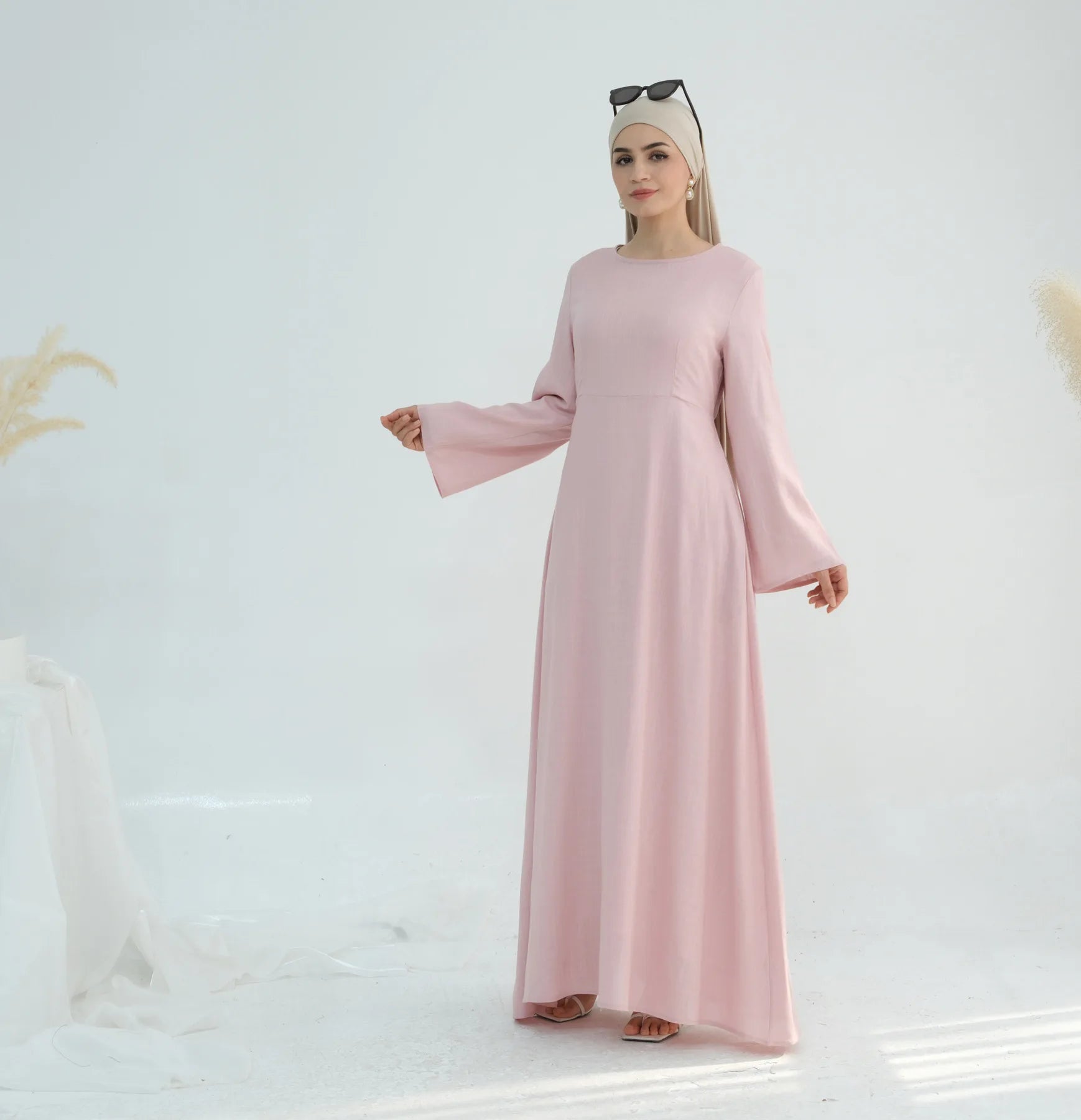 Breathable Linen Cotton Women Islamic Clothing Eid Abaya Solid Color Muslim Dress