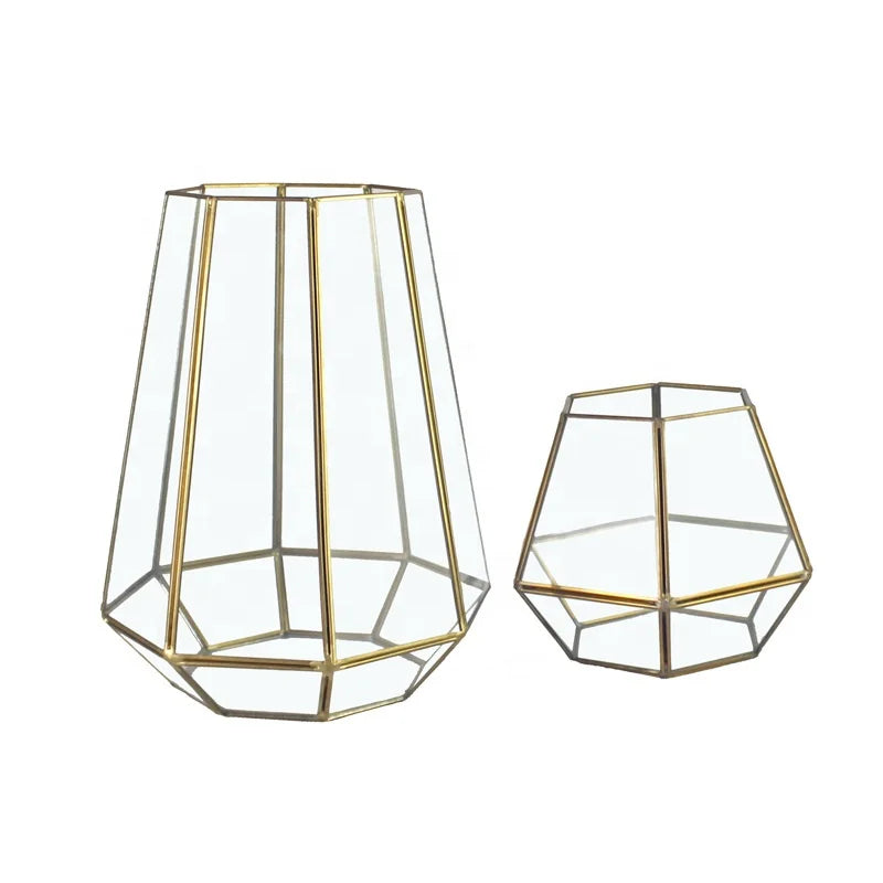 Factory Price Glass with Copper Frame Gold Color Glass Terrarium Lighted Kit Geometric Glass Terrarium Wholesale
