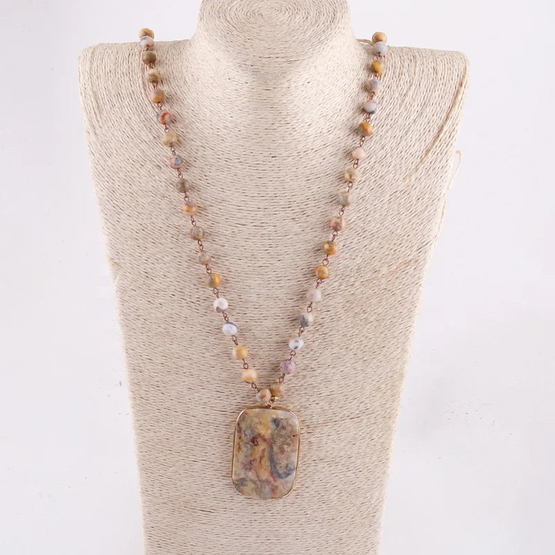 New Bohemian Jewelry Hook Bead Necklace Natural Stones Square Pendant Gemstone Necklace
