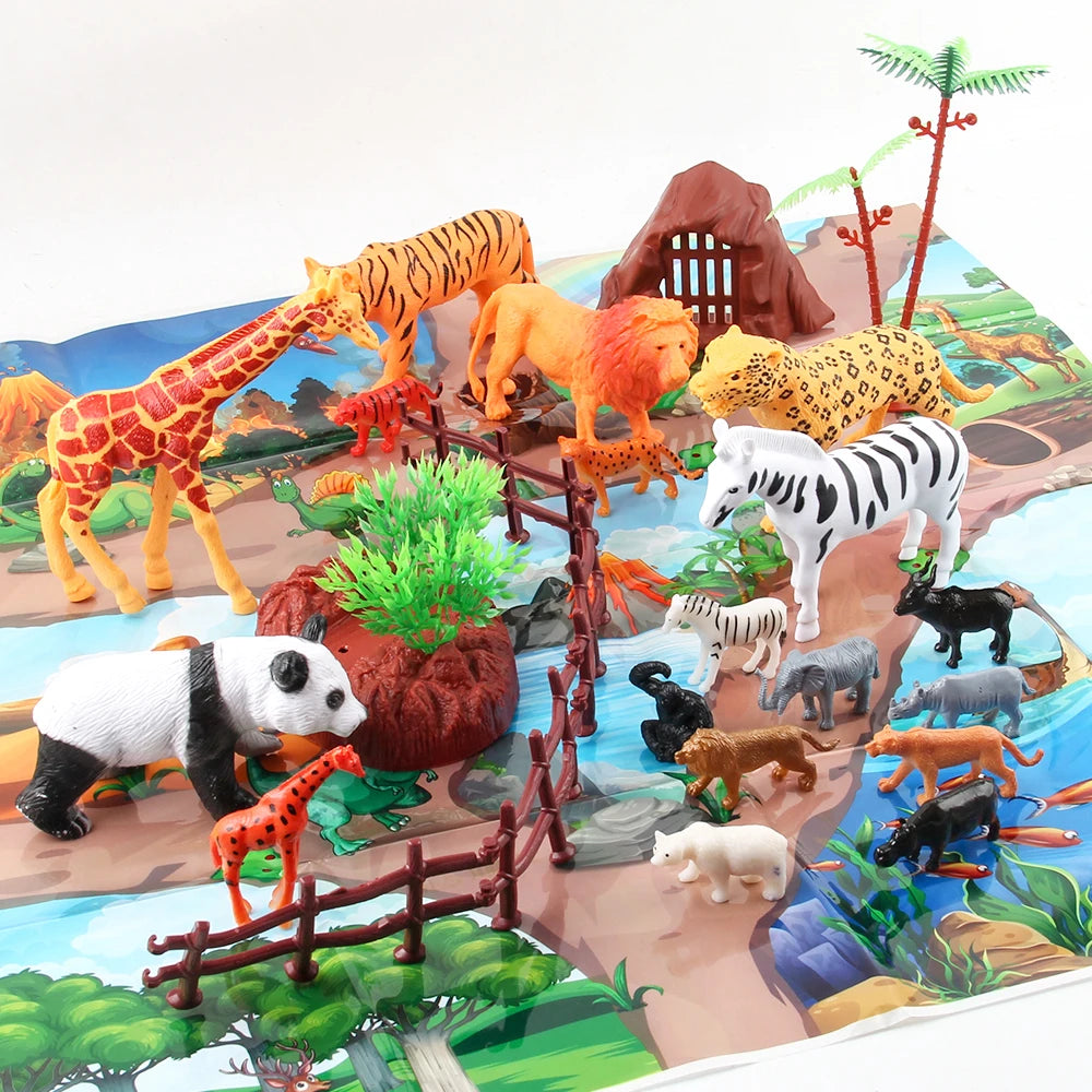 Wild Animal Model Toy Set with Tree Play Mat 26pcs Animal Figure Toy Set for Kids Educational Animal Kits