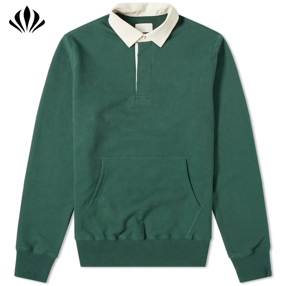 Top Sale Custom Mens Classic Long Sleeve Rugby Shirt 100%Cotton Jersey Kangaroo Pocket Rugby Polo Shirt