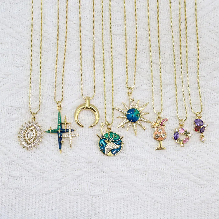 NZ1384 Dainty Bling Jewelry Gold Plated Zircon CZ Diamond Enamel Star Crescent Moon Celestial Pendant Chain Statement Necklace