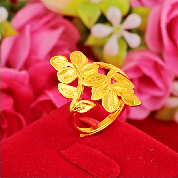 Jewelry Brass Plated Gold Women's Wedding Party 24K Gold Agate Ring Men Euro Gold Golden Leaf Ring