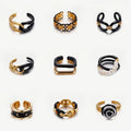 Fashion Women's Gold Black Chain Stacking Open Ring Heart Shape Flower Finger Rings Pearl Diamond Zircon Gemstone Ring Jewelry