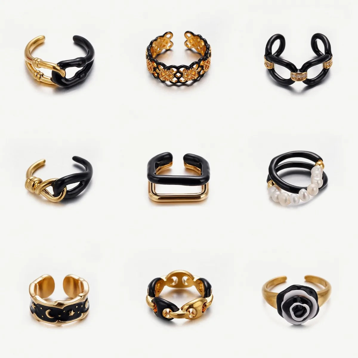 Fashion Women's Gold Black Chain Stacking Open Ring Heart Shape Flower Finger Rings Pearl Diamond Zircon Gemstone Ring Jewelry