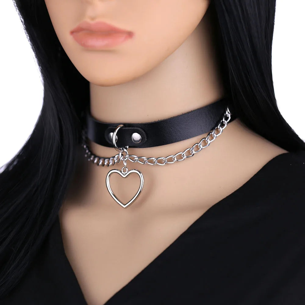 PU Leather Heart Collar Necklace Double Layer love Charm Collarbone Necklace Sexy Heart Pendant Collar Necklaces