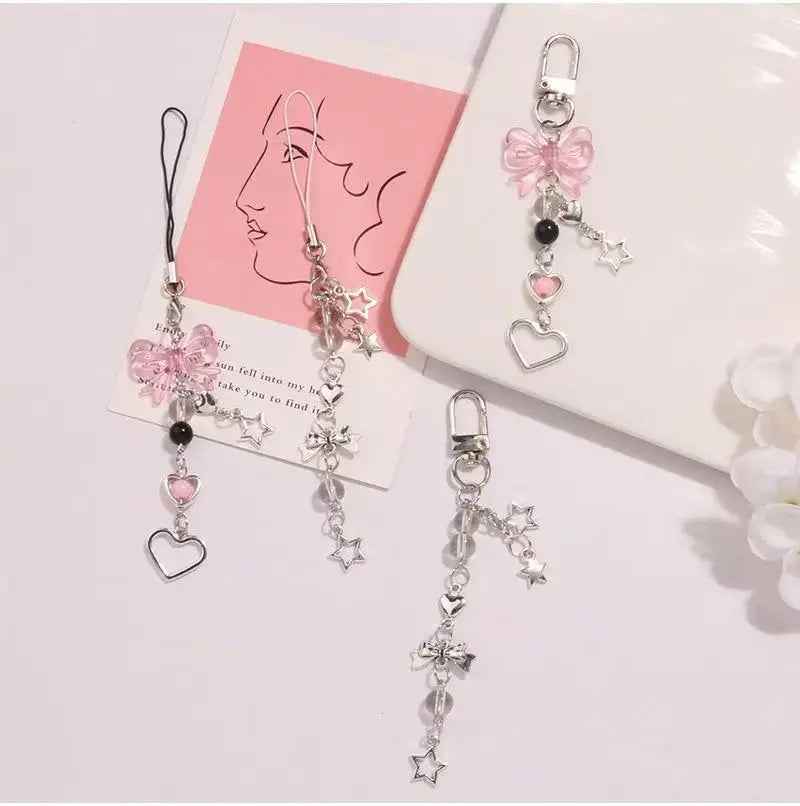 Goth Sweet Pink Series Metal Keychain Pendant for Love Bow Mobile Phone Bag Schoolbag Wholesale for Girls