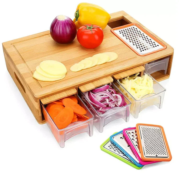 Multi-Functional Kitchen Bamboo Chopping Block Cutting Board With 4 Draw Tray and 4 Vegetable Grater