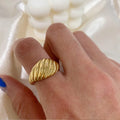EManco Croissant Ring 18K Gold Plated Stainless Steel Statement Ring Twisted Rope Signet Chunky Ring Engraved Stripes Jewelry