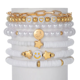 Hot Sell White Soft Clay Bracelet Set Fashion 18K Gold Plated Pearl Heart Shaped Smiling Face Pearl Beads Bracelet for 7 Piece