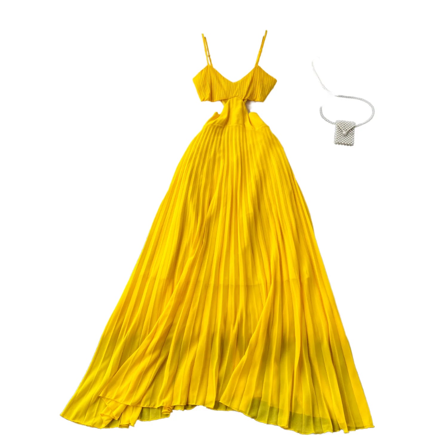 Hollow out waist camisole dress for women's beach vacation  dress slimming temperament chiffon long dress