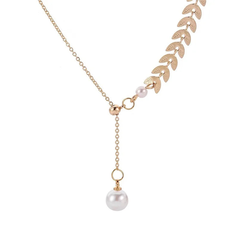 SC Hot Sale White Pearl Necklace Creative Gold Plated Wheat Ear and Pearl Chain Link Necklace Dainty Pearl Pendant Necklace