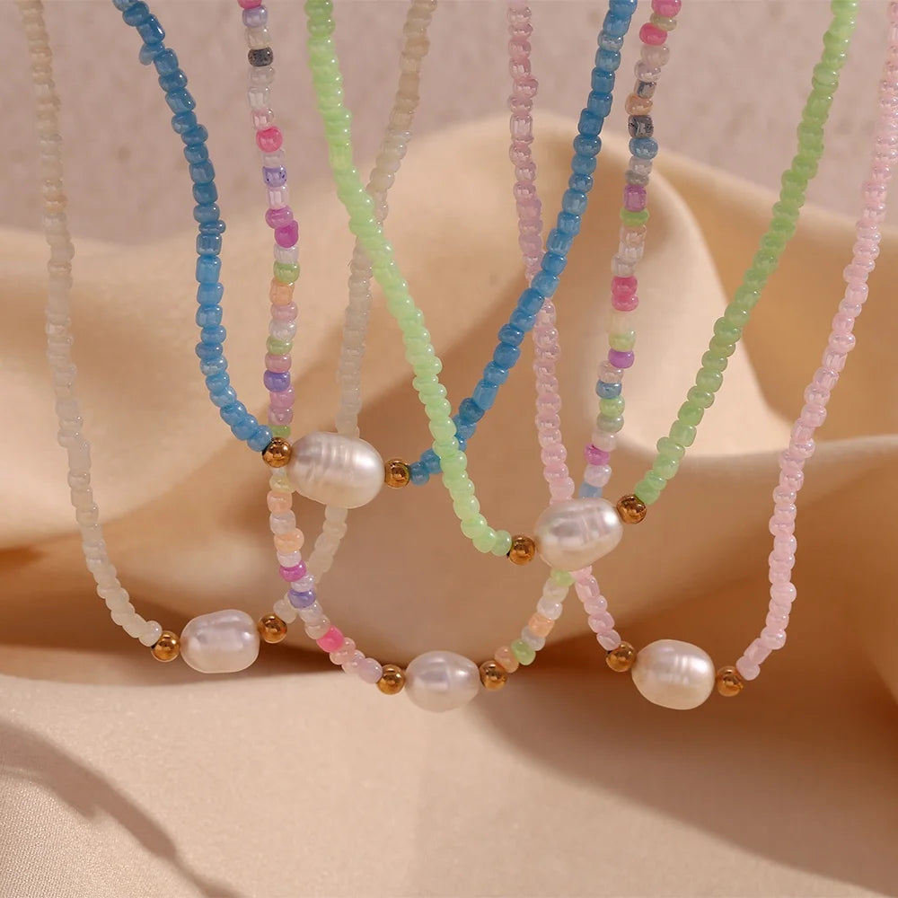 Fresh Water Pearl Necklace Colorful Choker Necklace Gold Plated Stainless Steel Charm Necklace Collier En Acier Inoxydable