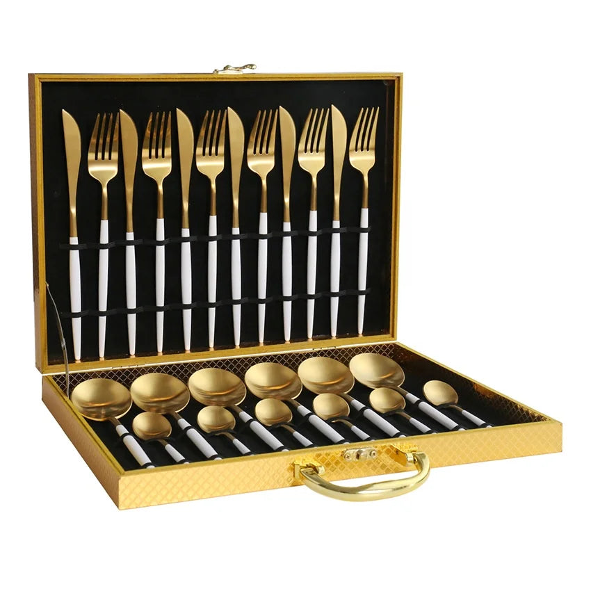 Luxury Quality High End Dishwasher Safe Cutlery Set Sale 24 Piece Royal Flatware Stainless Steel Gold Cutlery Set with Box