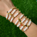 BC1348 Delicate Small Gold Plated Beads with Pearl Beaded Elastic Bracelet with Small Tiny Little CZ Star Charm