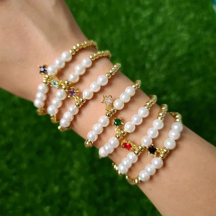 BC1348 Delicate Small Gold Plated Beads with Pearl Beaded Elastic Bracelet with Small Tiny Little CZ Star Charm