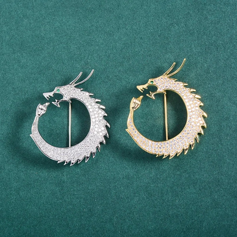 New Simple Luxury Chinese Zodiac Loong Brooch Women Bling Micro-Inlaid Zircon Breastpin Ladies Fashion Elegant Lapel Pin Jewelry