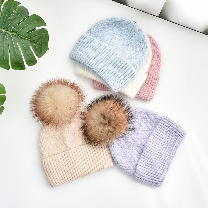 Custom Women Winter Angora Knitted Wool Beanie Hat With Real Fur Pompom Soft Warm Cuffed Knit Plain Beanies for Women