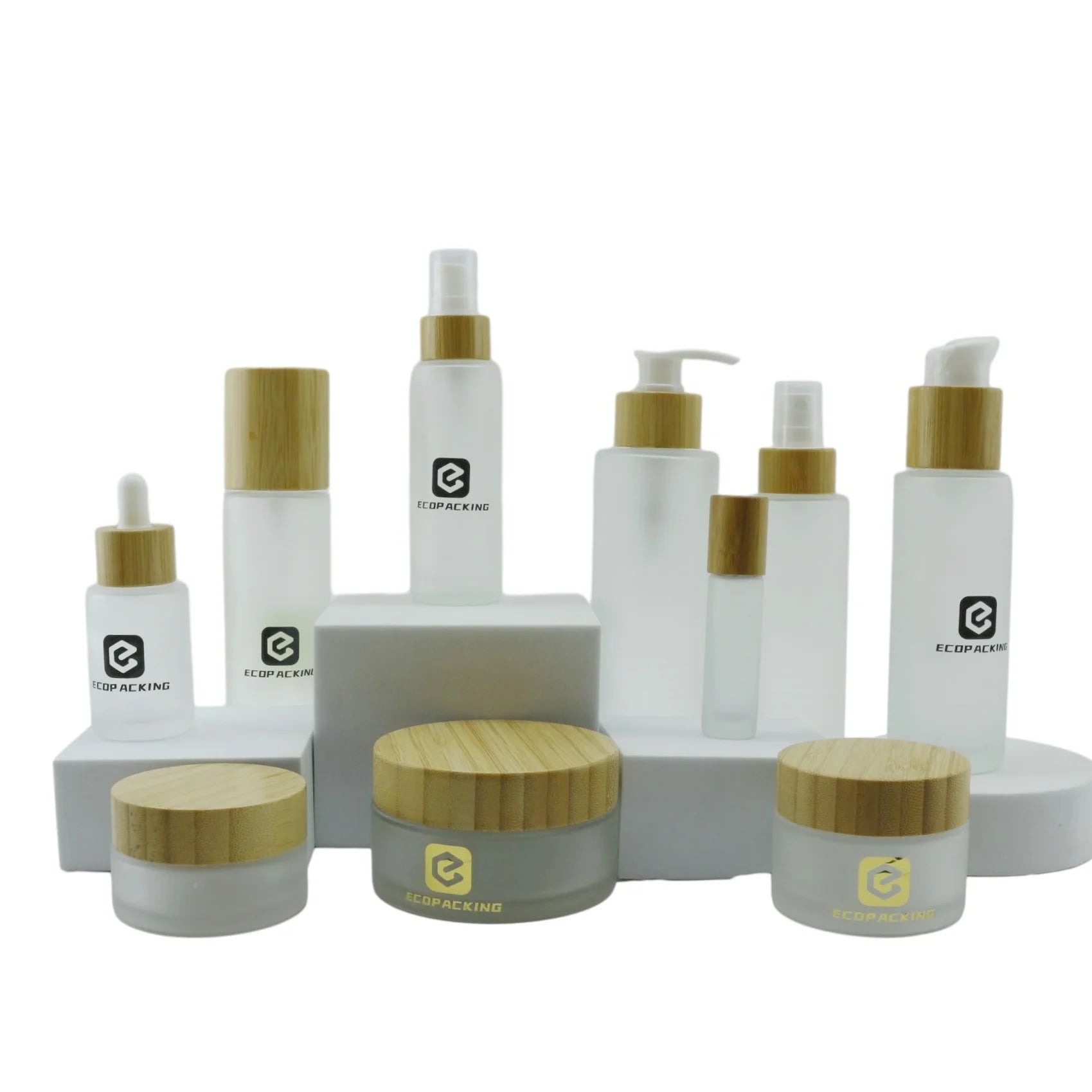 20ml 50ml 100ml Frosted Skincare Packaging Pump Bottle Set Bamboo Lid Body Butter Lotion Serum Cream Glass Cosmetic Jar