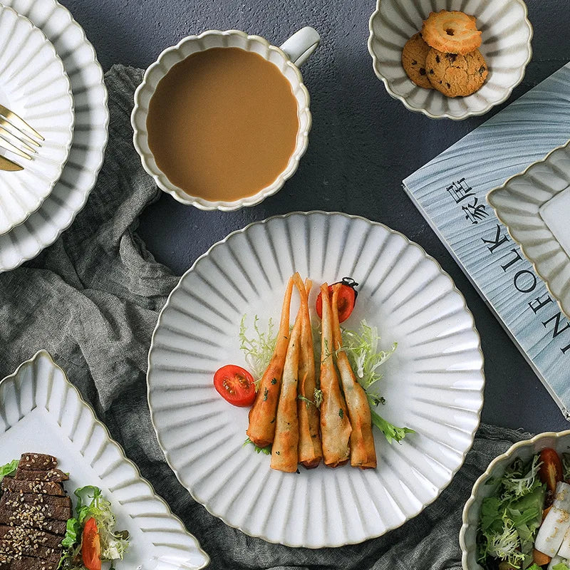 Retro Kiln-relief Ceramic Household Dinner Plate Rice Bowl Pasta Plate Soup Bowl Cups Chrysanthemum Ceramic Tableware