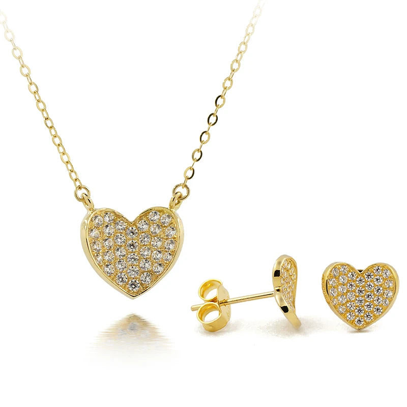 Fine Jewelry Sets Pure Gold 18K Necklace With Pendant Heart Earring Studs with 5A CZ Stones AU750 for Women