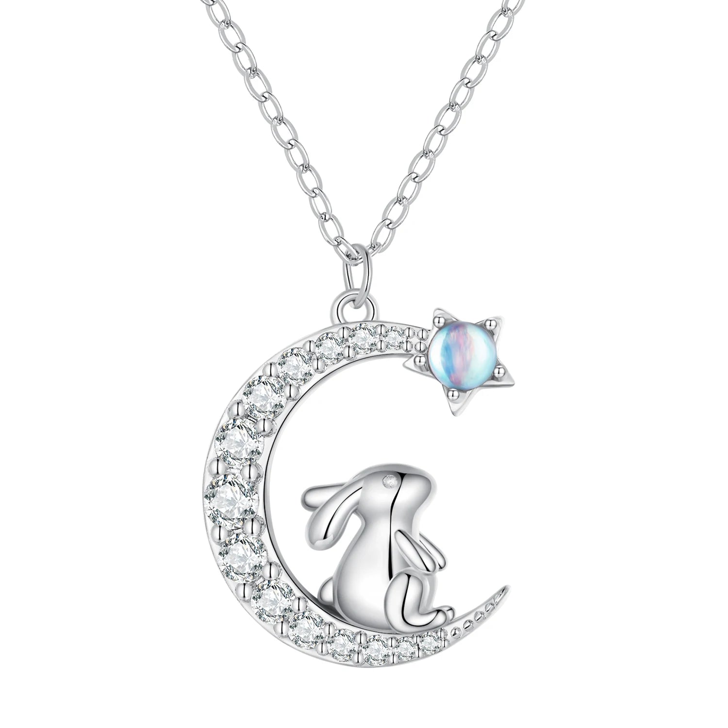 Factory 925 Sterling Silver Crescent Moon Pendant Necklace Cute Rabbit Neck Chain for Women Birthday Gift Fine Jewelry BSN302