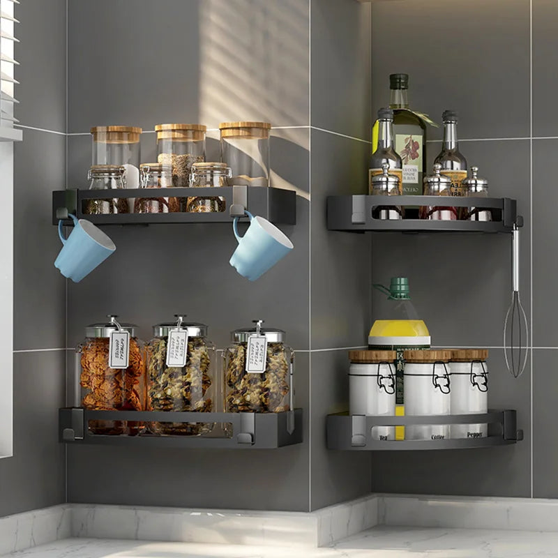 Stainless Steel Modern Wall Mounted Bathroom Storage Rack Shiny & Black Corner Shelf with Triple Tier Shelves