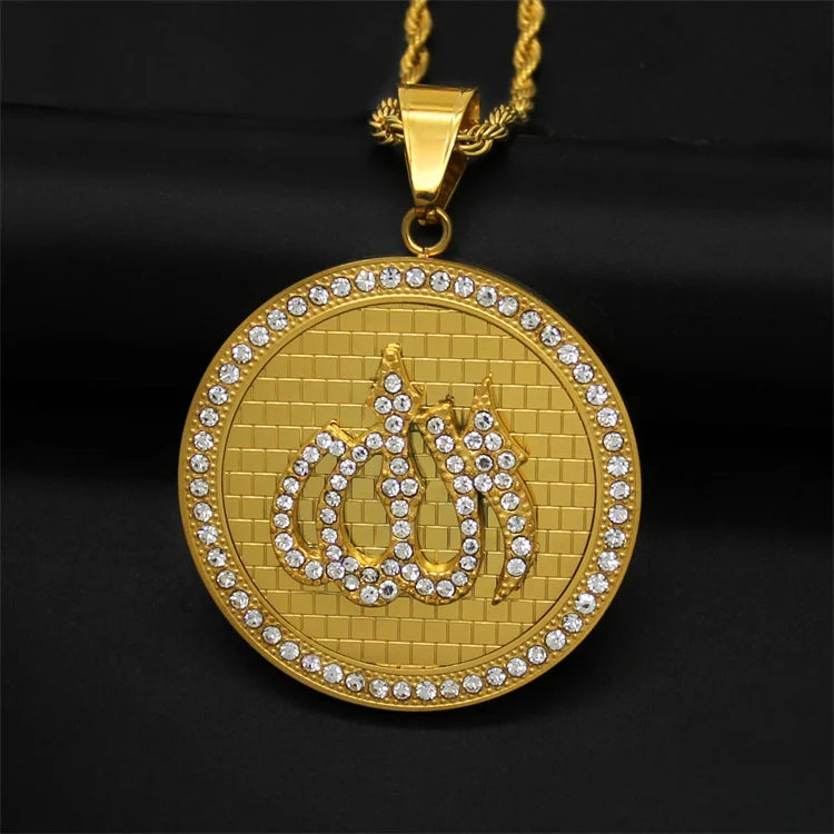 Factory Price Round Shape Diamond Allah Muslim Stainless Steel Gold Plated Necklace Jewelry