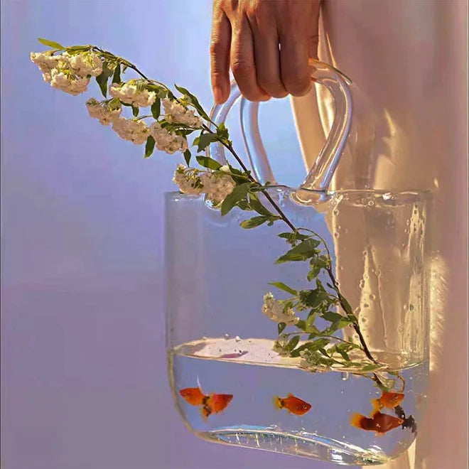 Hot Sale Unique Transparent Glass Bag Vase Handy Purse Fish Bowl with Handles for Garden Flowers or Unique Handbag Flower Vase
