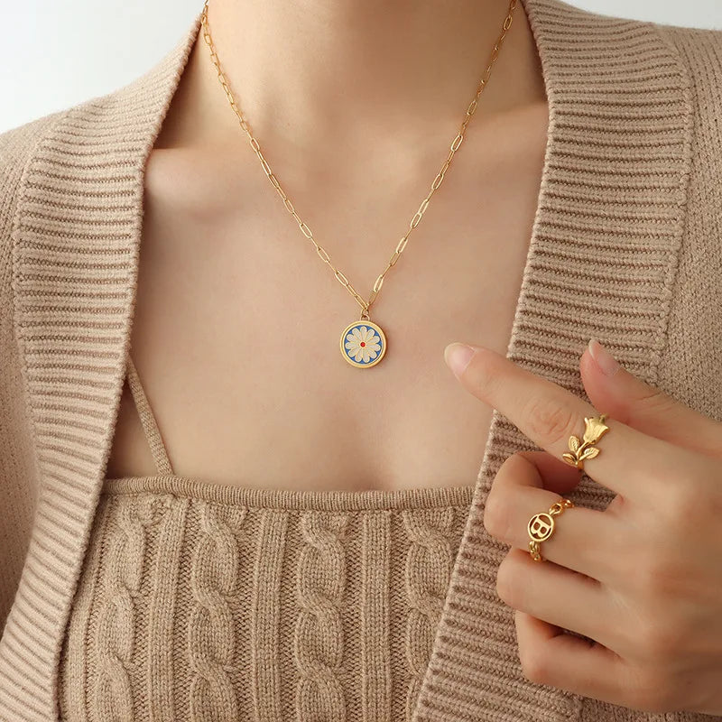New Fashion 18K Gold Plated Stainless Steel Enamel Daisy Cute Pendant Choker Necklace Bracelet Set Women Girl Gift