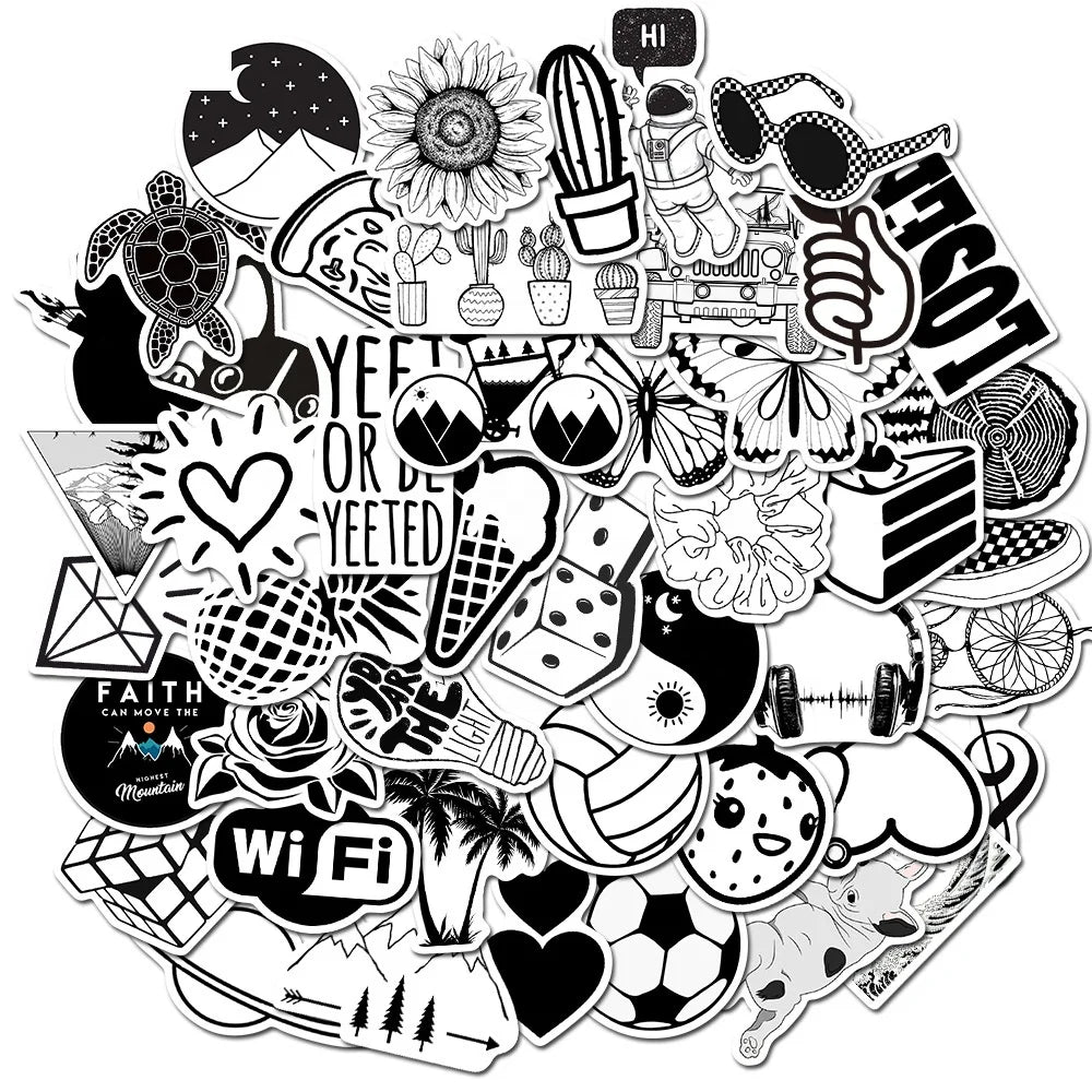 50Pcs VSCO Girl Fresh Sticker Black and White Skateboard Bottle Luggage Laptop Waterproof Custom Washi Label Stickers