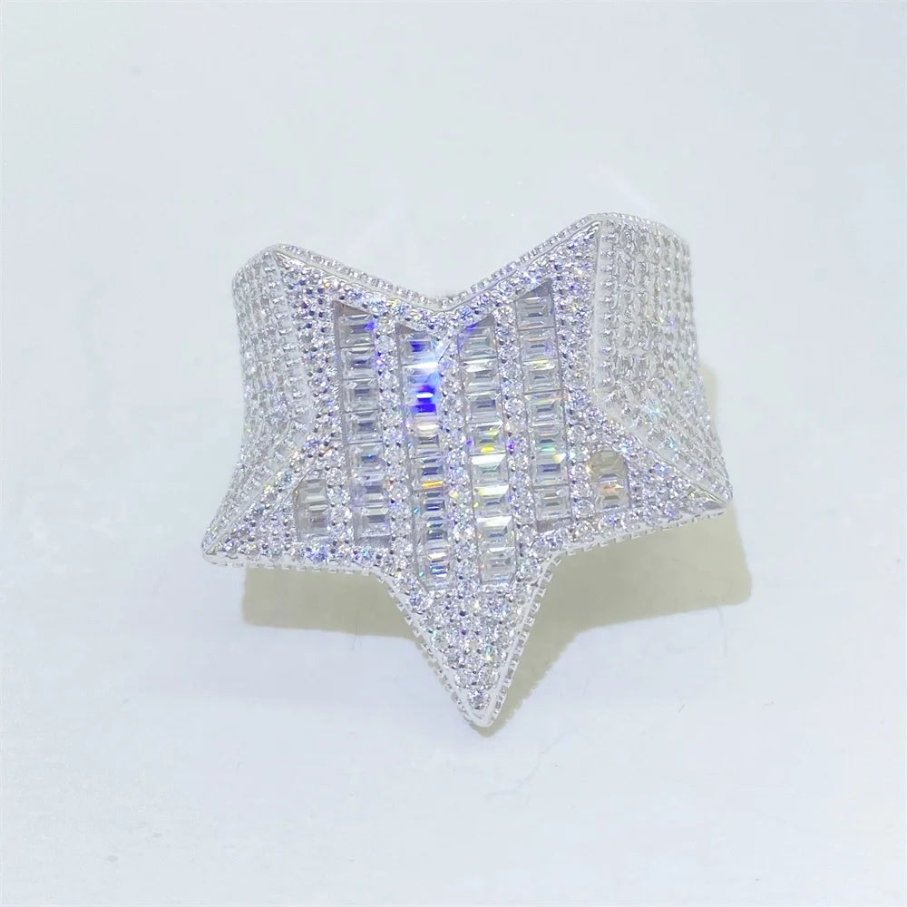 Ready to Ship Bling Bling 925 Sterling Silver Star Shape baguette Diamond Moissanite Ring Hip Hop Iced Out Mens Rings