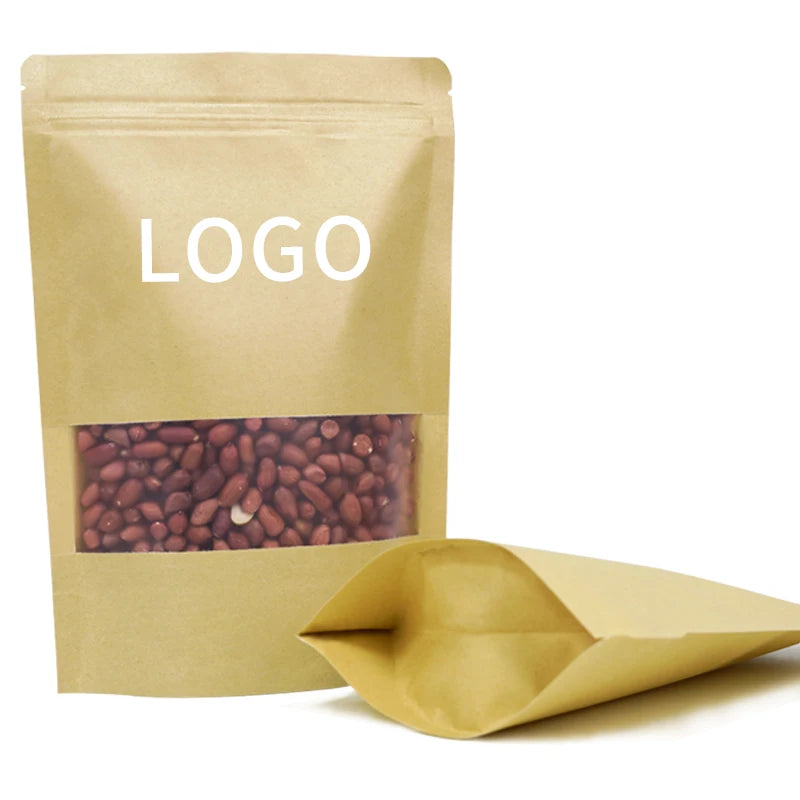 Resealable Stand up Pouch Packaging Custom Zip Lock Bag Brown Kraft Paper Bag with Window and Zipper for Food