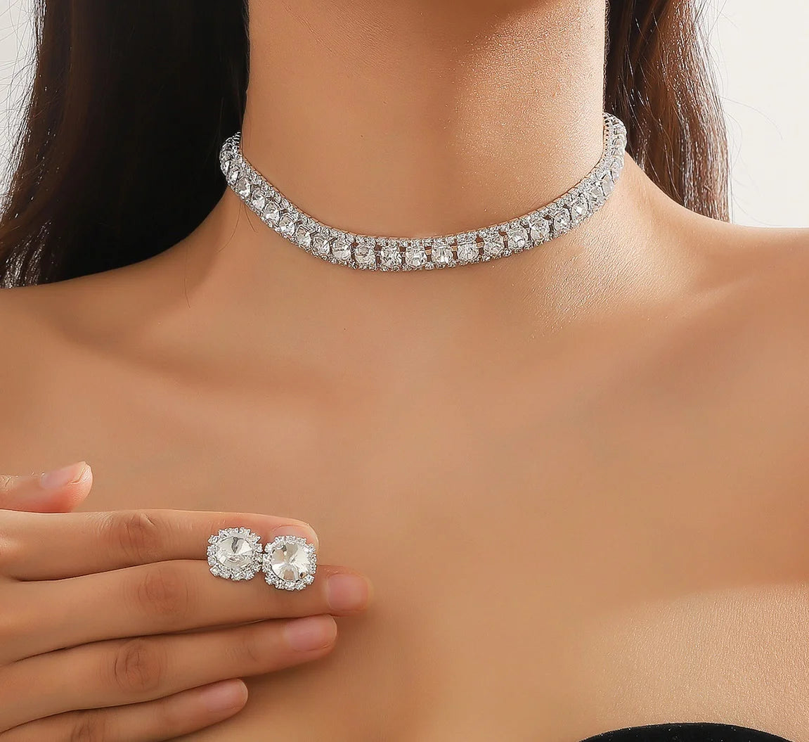 Luxury Jewelry Sets 2023 Claw Chain Rhinestone Necklace Earrings Brass Silver Set Wedding Emerald Jewelry Set for Women