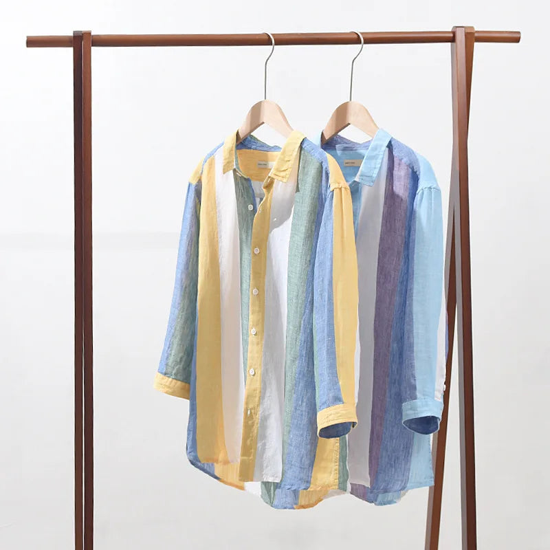 Striped Linen Shirts for Men Breathable Comfortable Long Sleeve Loose Autumn Winter  Lapel Shirt Vertical Stripe