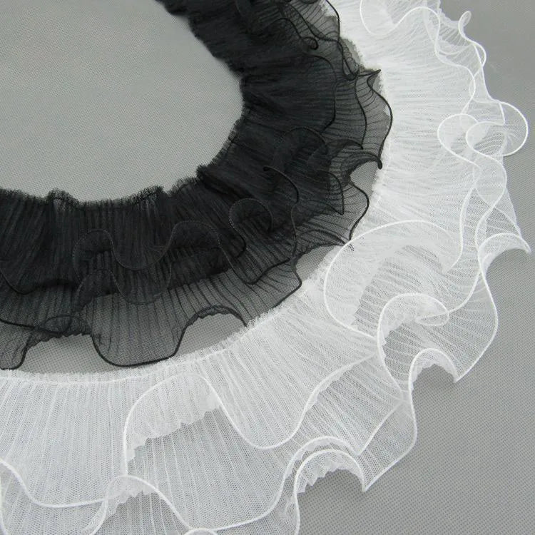 Deepeel LA249 13cm Fabric Sewing Accessories DIY Garment Skirt Hem Trim Black White Three Layers Elastic Fold Lace