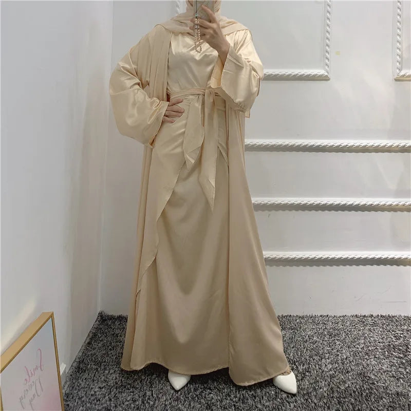 2021 Satin 3pieces Set Modest Satin Kimono Abaya Dubai Fashion Abaya Sets Middle East Islamic Dress