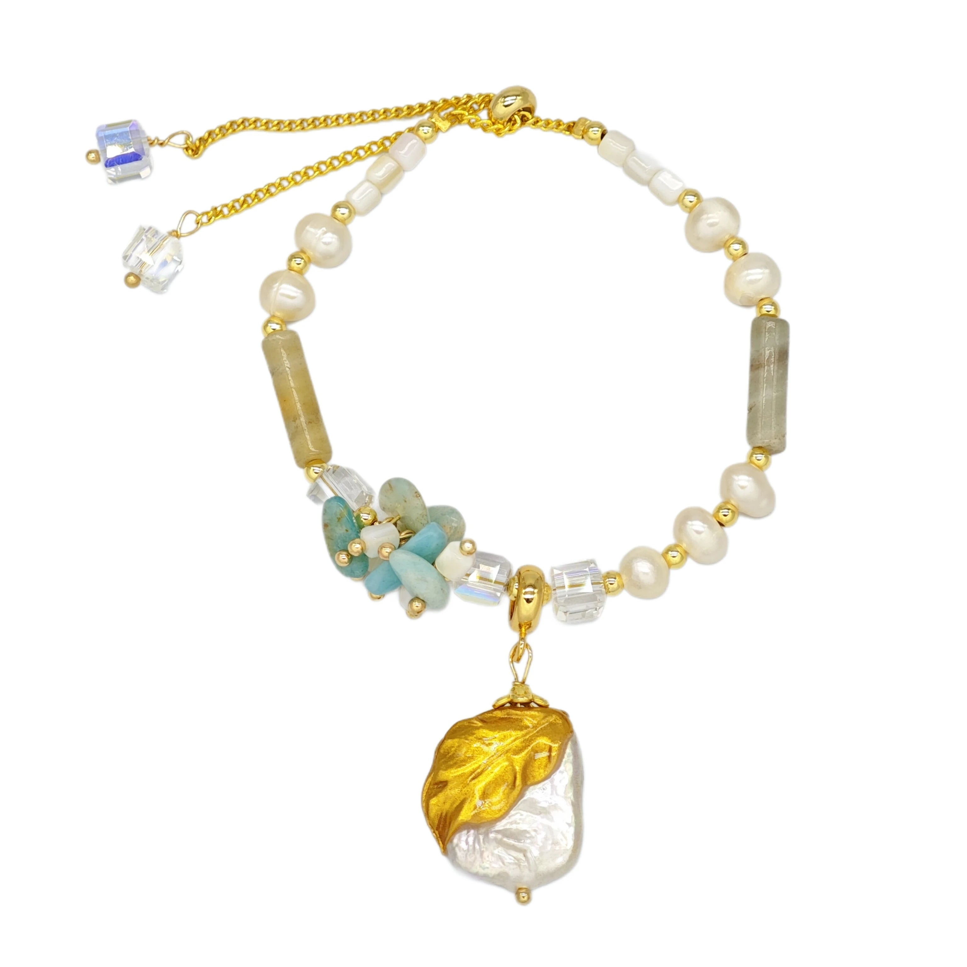 Customized Irregular Natural Freshwater Pearl Bead Bracelet Fashion Copper 18k Gold Bracelet Women's Jewelry Set