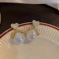 Korean Cute Fashion Crystal Rhinestone Heart Bow Tie Shiny Pearl Drop Stud Earrings for Women Girls Jewelry