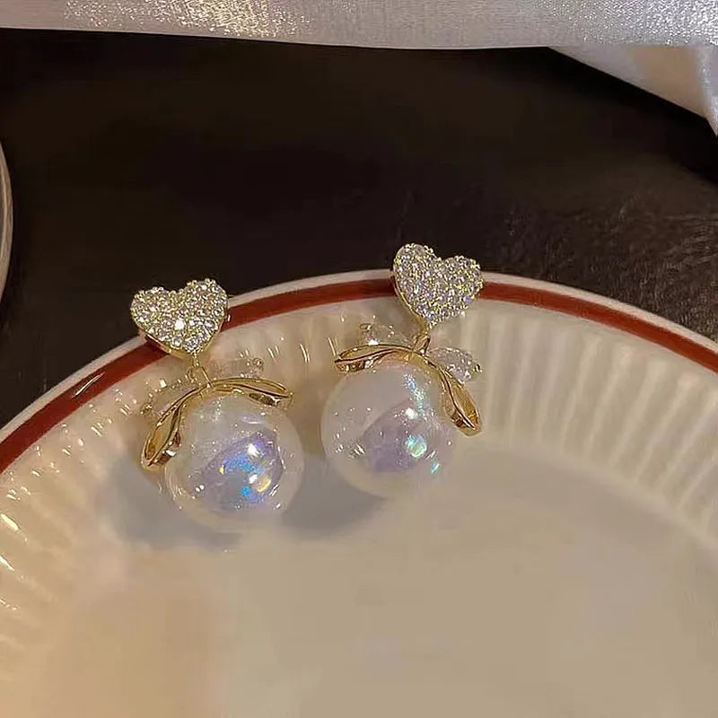 Korean Cute Fashion Crystal Rhinestone Heart Bow Tie Shiny Pearl Drop Stud Earrings for Women Girls Jewelry