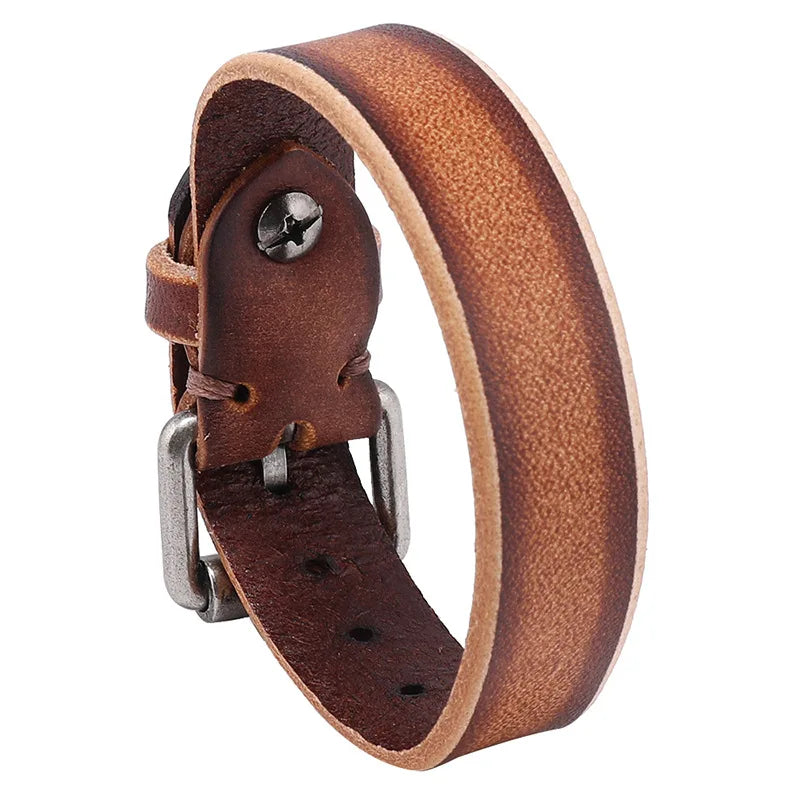 Vintage Cowhide Bracelet for Men Punk Cuff Bangle Rubbed Distressed Denim Colored Desert Wristband Pulsera Hombre
