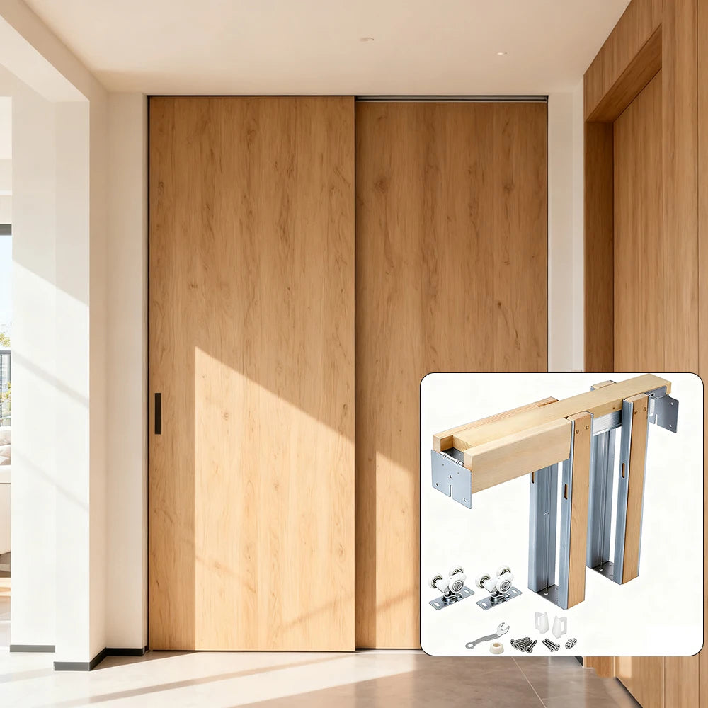 Modern Open Aluminum Track Steel Wrapped Wood Studs Pocket Door Frame Kits Sliding Door System for Kitchen Living Room