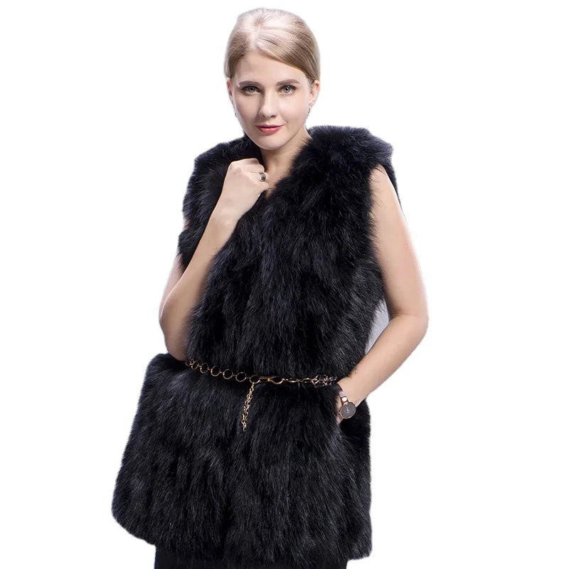 MWFur Raccoon Fur Vest Sleeveless With Pocket Casual Thick Fur Outwear Long 70cm Women Fur Vest for Winter