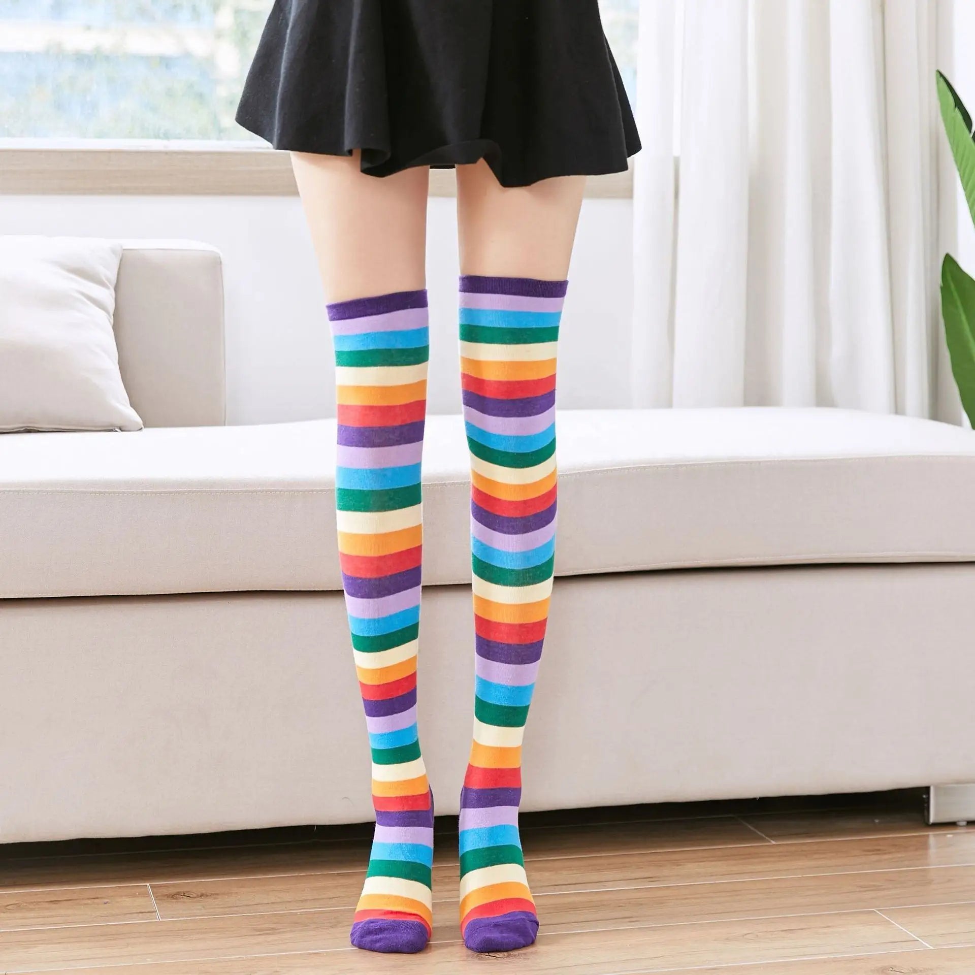 Women's Cotton Over the Knee Thigh High Socks Colorful Striped Rainbow Long Stocking Wholesale 3 Pairs MOQ for Daily Use